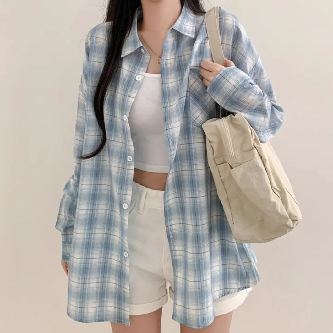 Blue Plaid Shirt For Women Loose Long Sleeve Jacket