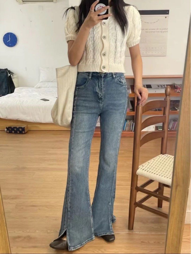 High-waisted, High-elastic, Slim-fitting, Brushed-color, Split-flared Jeans
