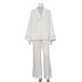 Stitching Design Feather Long Sleeve Lapel Top Casual Trousers Two-piece Set
