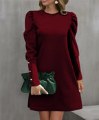 Solid Color Round Neck Puff Sleeve Button Long Sleeve Dress