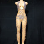 Gray Velvet Rhinestone Stretch One-piece Stage Performance Clothing Woman