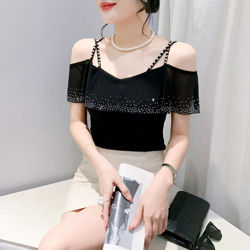 Mesh Hot Drilling V-neck Patchwork Top