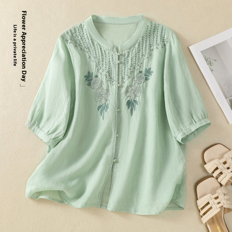 Artistic Retro Embroidery Five-quarter Sleeve Stand Collar Shirt For Women