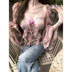 Printed Bay Sleeve Waist-tight Silk Craft Chiffon Blouses For Women