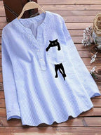 Women's Striped Cotton And Linen Pocket Printed Casual V-neck Long Sleeve Shirt