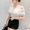 Pleated Lace Stitching Off-neck Sweet Short Sleeve