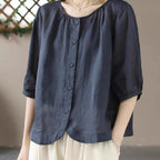 Cotton And Linen Shirt Women's Elegant Single-breasted Round Neck Top