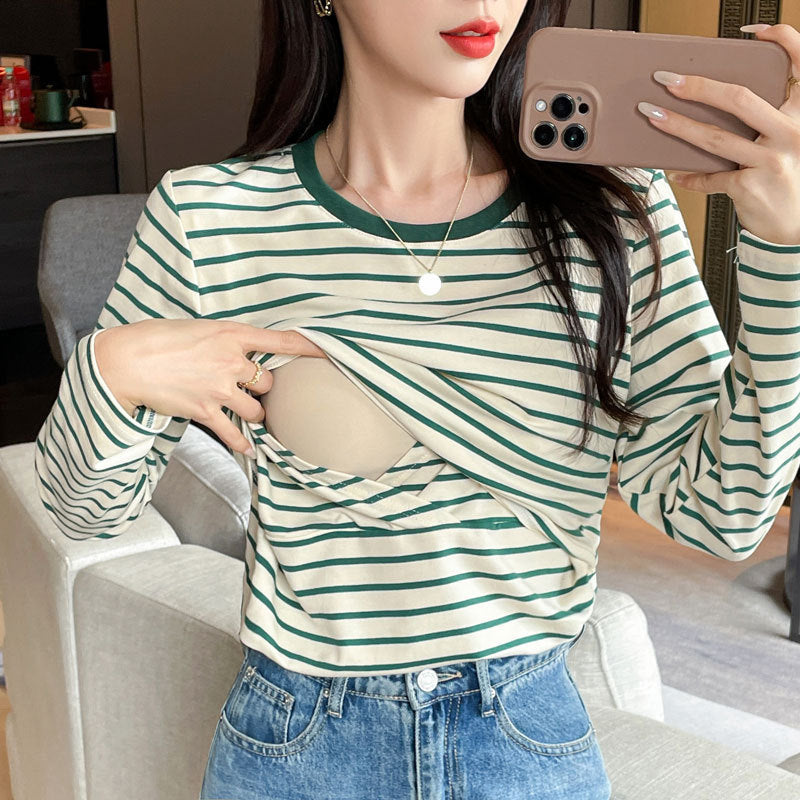 Striped Nursing Shirt Spring And Autumn Long Sleeve Nursing Clothes