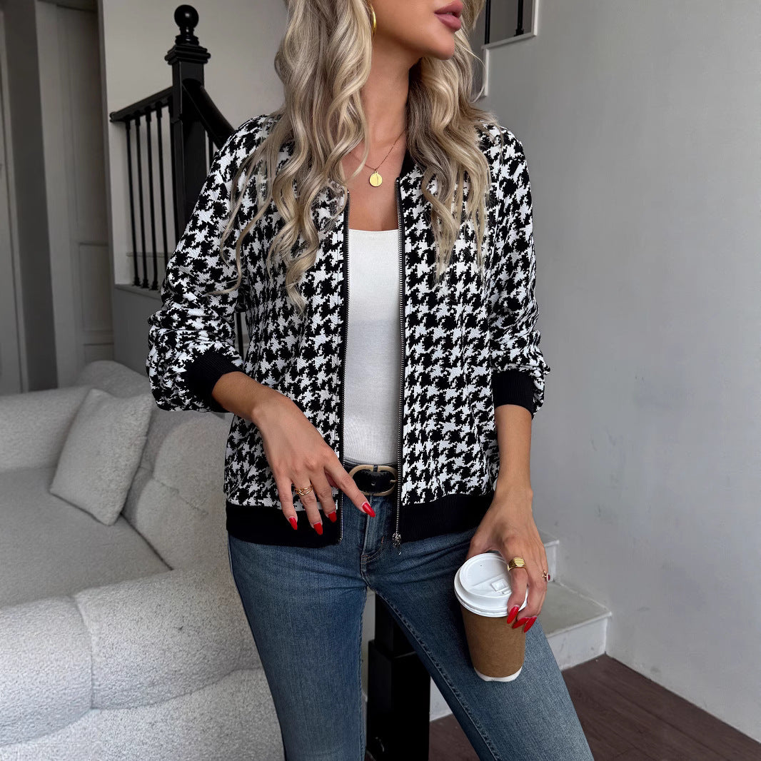 Zipper Houndstooth Jacket Loose Slim-fit Casual Shirt