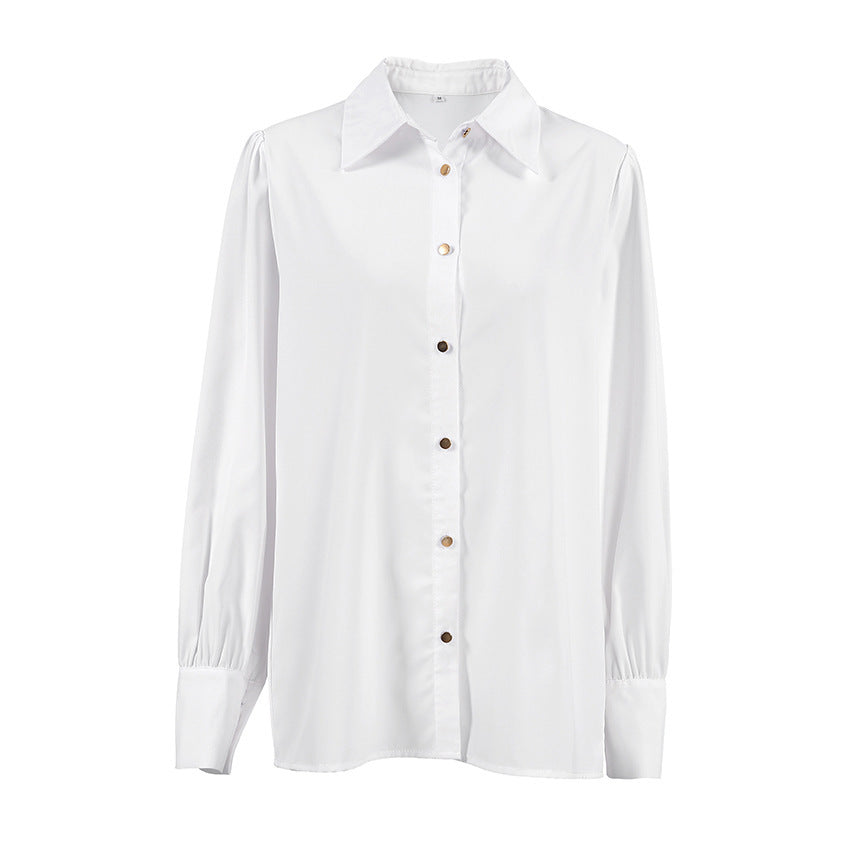 French Style White With Lapel Long Sleeve Shirt For Women