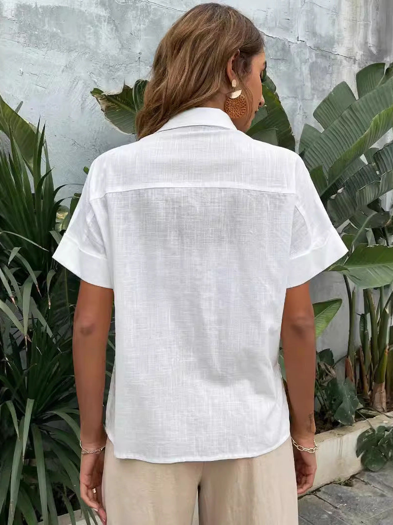 Polo Collar Casual White Women's Cardigan Button Shirt