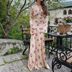 Elegant Printed Satin V-neck Long Sleeve Lace-up Dress